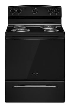 an electric stove with two burners on the top and one oven door open, in black