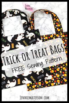 two trick or treat bags with the text free sewing pattern on them, and an image of