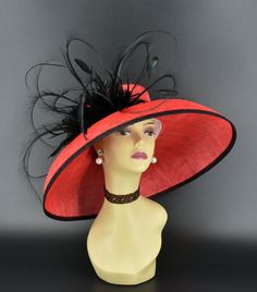 ✿*.Key Features.*✿ This is a Audrey Hepburn Style Hat with jumbo special feathers. 19.75"(50cm) extra wide brim, the widest stiff brim  hat in my store!  It's very beautiful. Great for Kentucky derby, weddings, church, Easter, Royal Ascot, horse races, cocktails, tea party, or any hat wearing occasion. Hat base size: From front to back: 19.75" (50cm) From left to right: 19.75" (50cm) Wide brim Appr: 7~7.5"" Head girth: 22.5"(57cm), adjustable string inside to make smaller to fit your head.   If Red Short Brim Hats For Church, Red Brimmed Hat For Church, Red Wide Brim Costume Hat For Church, Red Brimmed Church Hat, Red Curved Brim Fedora For Kentucky Derby, Red Fedora For Kentucky Derby With Curved Brim, Red Formal Hat With Short Brim, Red Fedora Top Hat For Kentucky Derby, Red Flat Brim Boater Hat For Kentucky Derby