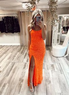 Orange Winter Formal Dresses, Prom Dresses Orange Coral, Hoco Court Dresses Long, Orange Sparkle Dress, Bright Orange Prom Dress, Neon Orange Prom Dress, Prom Dresses Orange, Orange Hoco Dress, Orange Long Dress