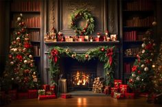 a fireplace with christmas decorations and presents around it