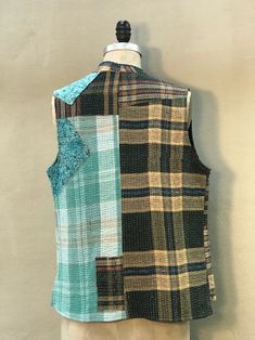 Boxy Kantha Vest Aqua/green Plaid - Etsy Green Sleeveless Vest With Patchwork, Green Sleeveless Patchwork Vest, Kantha Vest, Wearable Art Clothing, Art Clothing, Aqua Green, Green Plaid, Art Clothes, Womens Vest