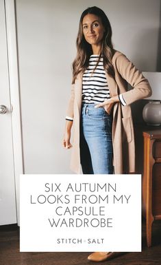 ashley wearing a striped top, tan long line sweater blazer, and medium wash jeans standing next to a vintage wood dresser with a white table lamp Fall 23 Capsule Wardrobe, Fall Capsule 2023, Thanksgiving Capsule Wardrobe, Fall 2023 Wardrobe Capsule, Fall Winter Capsule Wardrobe 2023, Autumn Wardrobe 2023, Classic Fall Capsule Wardrobe 2023, Women’s Fall Outfits 2023, What To Wear Fall 2023