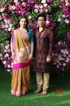 Sachin Tendulkar and his wife Anjali Tendulkar Bollywood Wedding Outfit, Anjali Tendulkar, Tarun Tahiliani Saree, Indian Heroes, Shloka Mehta, Akash Ambani, Dr Shah, Rahul Sharma, Bahubali Movie