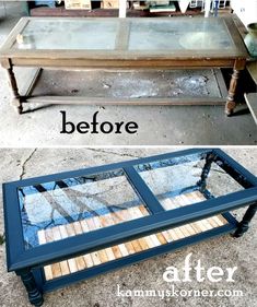 an old coffee table turned into a side table with stained glass and wood inserts