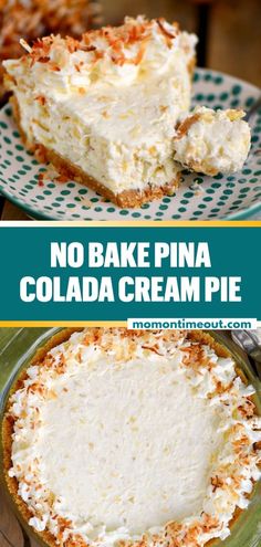 no bake pina colada cream pie on a green plate with text overlay