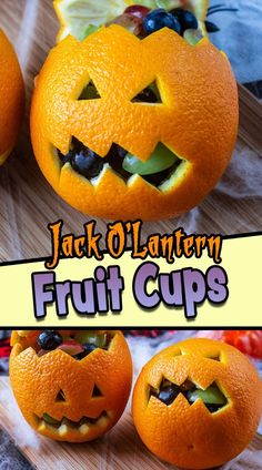 Jack O Lantern oranges with a text overlay title. Orange Foods For Party, Vegan Low Fat, Orange Lanterns, Lantern Pumpkins, Healthy Halloween Treats