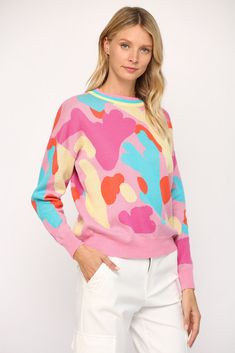 Fun, Abstract Crew Neck Sweater. Abstract Sweater, Bright Sweater, Glam Doll, Crewneck Style, Rich Lifestyle, Spring Sweater, Bold Fashion, Light Weight Sweater, All Brands