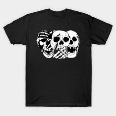 See No, Hear No, Speak No Skulls. -- Choose from our vast selection of Crewneck and V-Neck T-Shirts to match with your favorite design to make the perfect graphic T-Shirt. Pick your favorite: Classic, Boxy, Tri-Blend, V-Neck, or Premium. Customize your color! For men and women. Horror Style Cotton T-shirt With Screen Print, Horror Graphic Print T-shirt For Fans, White Pre-shrunk Punk T-shirt, Horror Fan Merchandise T-shirt With Screen Print, White Punk T-shirt With Skull Print, Pre-shrunk Horror T-shirt For Streetwear, White Skull Graphic Print T-shirt, Black T-shirt With Skull Print For Fans, White T-shirt With Skull Print