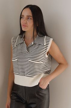 Black And White Sweater Vest, Cute Websites, White Sweater Vest, Striped Sweater Vest, Air Clothes, Fall 2024 Fashion, Crop Vest, Neutral Tops, 2024 Fashion Trends