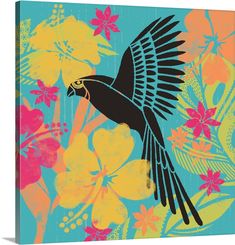 a painting of a bird flying over flowers and leaves on a blue background with black outline