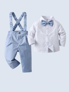 Young Boy Gentleman Suit With Bow Tie And Collar, White Shirt And Light Blue Suspender Pants, Suitable For Birthday Parties, Performances, Weddings And Banquets Baby Blue Party  Long Sleeve Fabric Colorblock,Plain  Non-Stretch  Young Boys Clothing, size features are:Bust: ,Length: ,Sleeve Length: Baby Suits Boy Wedding Bubble, Suit With Bow Tie, Collar White Shirt, Gentleman Suit, Bow Tie Suit, Toddler Suits, Blue Suspenders, Light Blue Wedding, White Collared Shirt