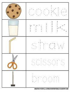 worksheet for kids to learn how to write and draw the words cookies milk and straw