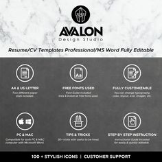 the logo for avalon design studio is shown in white and black with marble background