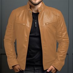 Season:Fall  Winter; Fabric:Polyester,Faux Leather; Sleeve Length:Long Sleeve; Gender:Men's; Style:Classic,Casual,Fashion; Occasion:Vacation,Daily,Going out; Outerwear Length:Regular; Placket:Zipper; Function:Windproof,Warm; Pattern:Plain; Design:Pocket; Neckline:Stand Collar; Outerwear Type:Faux Leather Jacket,Biker Jacket,Motorcycle Jacket,Red Leather Jacket; Listing Date:09/03/2024; Bust:; Length:; Shoulder Width:; Sleeve: Solid Color Biker Outerwear For Fall, Fall Biker Outerwear, Solid Leather Jacket With Zipper Closure For Winter, Biker Style Solid Outerwear With Zipper Closure, Solid Biker Outerwear With Zipper Closure, Solid Leather Jacket With Zipper And Long Sleeves, Solid Color Long Sleeve Faux Leather Jacket, Fitted Faux Leather Jacket, Faux Leather Outerwear With Pockets