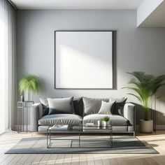 a living room with a couch, coffee table and potted plant