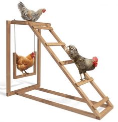 three chickens are standing on top of a ladder that is shaped like a chicken house