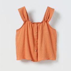 Zara Toddler Girl - Rustic Top Size 2-3 Years Straight Neck Top With Straps And Ruching Detail. Front Button Appliqu Terracotta Playful Solid Color Tops For Playwear, Cute Orange Tops For Playwear, Playful Orange Tops For Summer, Playful Orange Summer Tops, Playful Orange Tops For Playwear, Orange Summer Tops For Playwear, Casual Tops With Buttons For Playwear, Orange Summer Playwear Tops, Cute Sleeveless Buttoned Tops