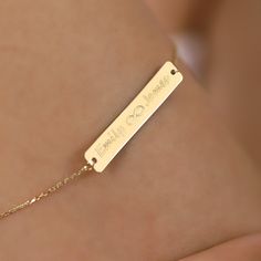 D E S C R I P T I O N Make every moment special with our 14K Solid Gold Engraved Bar Personalized Bracelet, a heartfelt and timeless piece that speaks volumes. Surprise your loved ones with this exquisite bracelet, crafted with precision and personalized just for them. The delicate bar design, available in Yellow gold, Rose gold, or White gold, allows you to add a name, date, or special message, making it a cherished keepsake that complements any style. P R O D U C T ∙ F E A T U R E S * Gold mat Elegant Polished Name Bracelet As Gift, Elegant Polished Name Bracelet Gift, Wedding Name Bracelet In 14k Rose Gold, Rose Gold 14k Gold Name Bracelet For Wedding, Rose Gold 14k Gold Wedding Name Bracelet, Wedding 14k Rose Gold Name Bracelet, Wedding Rose Gold 14k Gold Name Bracelet, Elegant White Gold Name Bracelet With Engraving Option, Elegant Formal Bracelets With Engraving Option