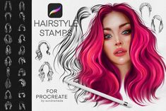 the hair style stamp is designed to look like a woman's head with pink hair