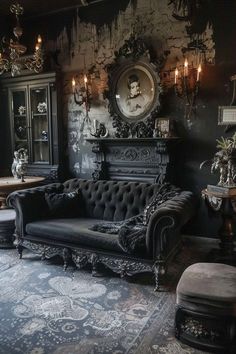 an ornately decorated living room with black furniture