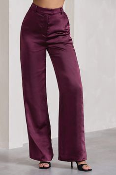 No Limits are the wide-leg trousers to make you stand out no matter the setting. Designed in luxurious weighted satin. these burgundy trousers boast a high-rising waistband with loops to slip in a belt and accentuate your curves further. Create the perfect tailored ensemble by pairing No Limits with an oversized shirt.Features- Premium heavy satin- High rise- Side slip pockets- Invisible hook closure- Belt loops- Wide legsSizing & FitModel is 5'7 and wears UK size 8 / US size 4Product Informatio Elegant Burgundy High-waisted Wide Leg Pants, Burgundy Wide Leg Pants For Party, Satin Wide Leg Pants For Workwear, Satin Wide-leg Pants For Work, Wide-leg Satin Pants For Workwear, Satin Wide-leg Workwear Pants, Burgundy High Waist Wide Leg Pants For Fall, High Waist Burgundy Wide Leg Pants For Fall, Elegant Full-length Purple Bottoms