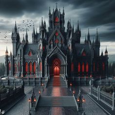 a gothic castle with stairs leading up to the front door and red lights on it