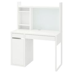 a white desk with a bookcase and drawers on it's sides, against a white background