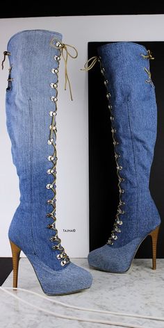 Jean Denim Pointy Toe Military Style Long Boots Denim Boots, Stiletto Boots, Denim Shoes, Thick Heels, Long Boots, Thigh High Boots