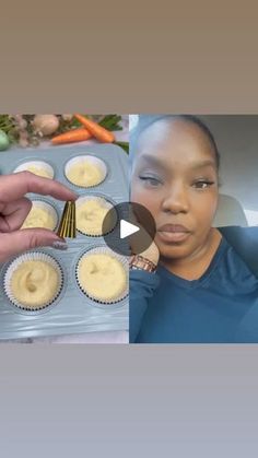 a woman is making cupcakes in the kitchen with carrots and other ingredients