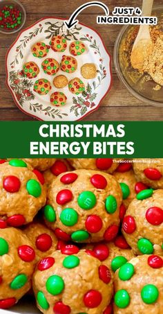 christmas energy bites recipe with text overlay that reads, christmas energy bites in green and red