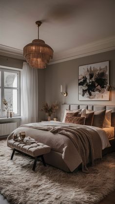 a bedroom with a large bed and a chandelier hanging from the ceiling