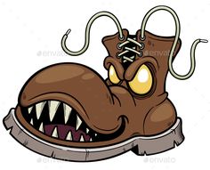 an angry shoe with large teeth and sharp fangs on the side, in cartoon style