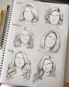 a drawing book with drawings of different types of women's hair and their expressions