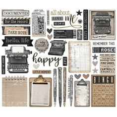 a collage of different types of paper with words and pictures on it, including an old typewriter