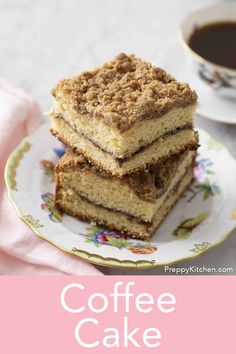 three pieces of coffee cake stacked on top of each other