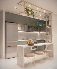 a modern kitchen with marble counter tops and stools