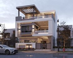 a car is parked in front of a modern building with balconies on the second floor