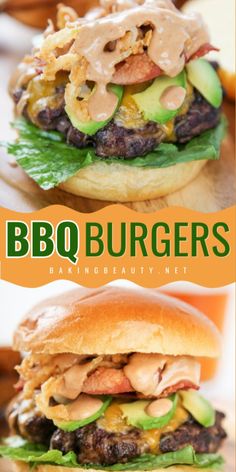 two burgers with the words bbq burgers in front of them and an image of