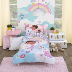 The perfect finishing touch for your Doc McStuffins Toddler Bedding Set - a coordinating Doc McStuffins Cuddle Time Toddler Pillow! This pillow is made from super soft plush velboa fabric, with a printed design on the front of Doc McStuffins and her favorite friends, Stuffy, Lambie and Hallie, all surrounded by puffy clouds, happy flowers and a bright rainbow, in shades of pink, purple, aqua and white accented with pops of yellow. The back of the pillow is solid aqua. Measuring 12"H x 15"W, this Reversible Pillowcase, Mini Crib Bedding, Disney Doc Mcstuffins, Reversible Bedding, Toddler Bedding, Toddler Bed Set, Disney Toddler, Crib Toddler Bed, Toddler Pillow