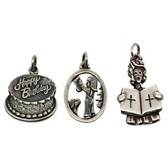 Set of 3 James Avery sterling silver charms/pendants. This set of charms include a "Happy Birthday" cake, a cut-out design of a child hanging a Christmas stocking, and a Gospel choir singer holding a book. Cake measures approx 15/16" high to top of bale, 3/4" wide. Child with stocking measures approx 1" high to top of bale, 5/8" wide. Choir singer measures approx 1 1/8" high to top of bale, 5/8" wide. Weighs approx 11.1g, 7.1dwt total All 3 charms are marked the candelabra JA hallmark STER Very James Avery Tiara Charm, James Avery Charm Bracelet, Holding A Book, James Avery Charms, Gospel Choir, Book Cake, Silver Birthday, Sterling Silver Charms, James Avery