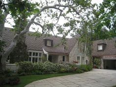 a house that is next to a tree and some bushes in front of the house