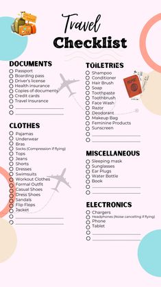 a travel checklist with luggage and other things to do on it, including an airplane