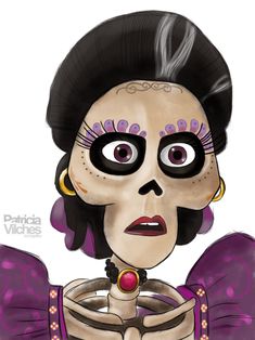 a drawing of a skeleton with makeup and hair