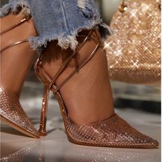 -Worn Once But In Excellent Condition -4.5 Inch Heel -Rose Gold Transparent Shoes, Rhinestone Pumps, Shoe Model, Shoes Heels Classy, Miss Lola, Cute Shoes Heels, Walk In My Shoes, Wrap Heels, Pointed Toe Heels