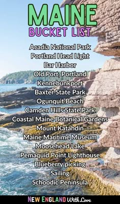 the maine bucket list is shown in green and purple text, along with an image of cliffs