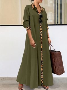 Plus Size Autumn Casual Leopard Print Patchwork Long Shirt Dress Army Green Casual,Modest  Long Sleeve Woven Fabric Colorblock,Leopard Print,Plain,Striped Shirt Non-Stretch  Women Plus Clothing, size features are:Bust: ,Length: ,Sleeve Length: Dresses Plain, Casual Tunic Dress, Plus Size Autumn, Loose Shirt Dress, Autumn Casual, Long Shirt Dress, Long Sleeve Knit Tops, Long Shirt, Kids Sleepwear