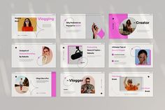 a set of six presentation slides with images and text on the front, along with an image of a woman's face