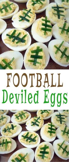 deviled eggs with green crosses on them and text overlay that reads football deviled eggs