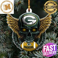 a green bay packers ornament hanging from a christmas tree with the logo on it